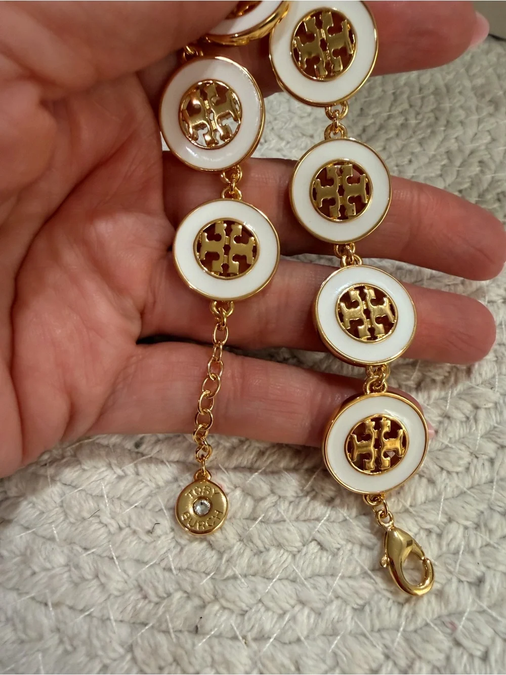 Tory Burch White Enamel Gold Hollow Round Bracelet | New with dust bag